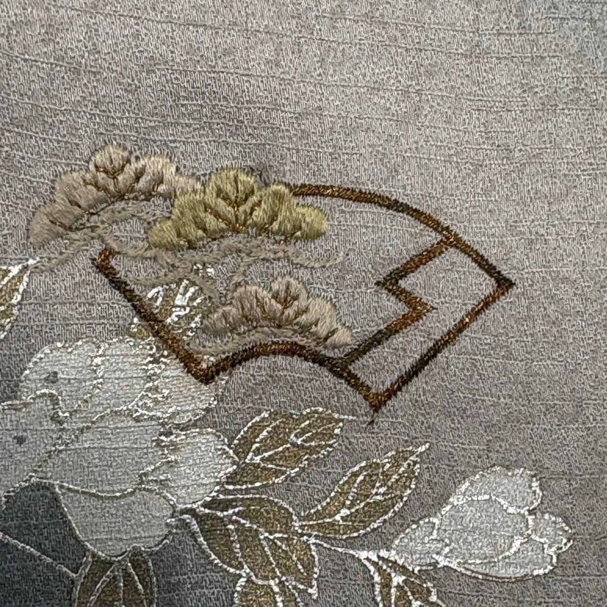 付下 身長161.5cm 袖長65cm M 雙層 扇子面 草花紋刺繡 金銀彩 青綠 純蠶絲 優品級
