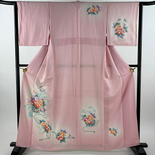 付下 身長162cm 袖長63cm S 雙層 草花紋紋 鏡裏文 染分 ぼかし 粉紅 純蠶絲 優品級