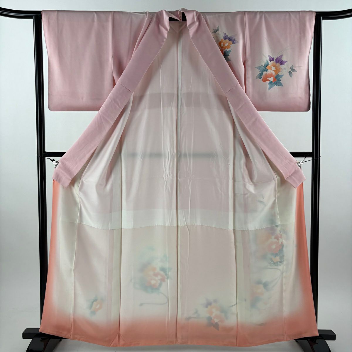 付下 身長162cm 袖長63cm S 雙層 草花紋紋 鏡裏文 染分 ぼかし 粉紅 純蠶絲 優品級