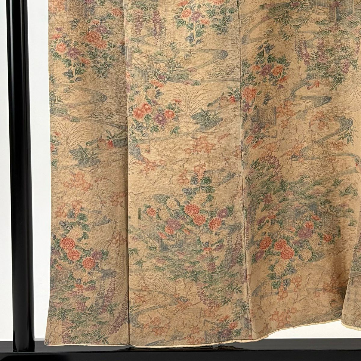 【美品】 小紋 身長154.5cm 袖長63cm S 雙層 草花紋紋 鴛鴦 絞染 薄茶 純蠶絲 優品級