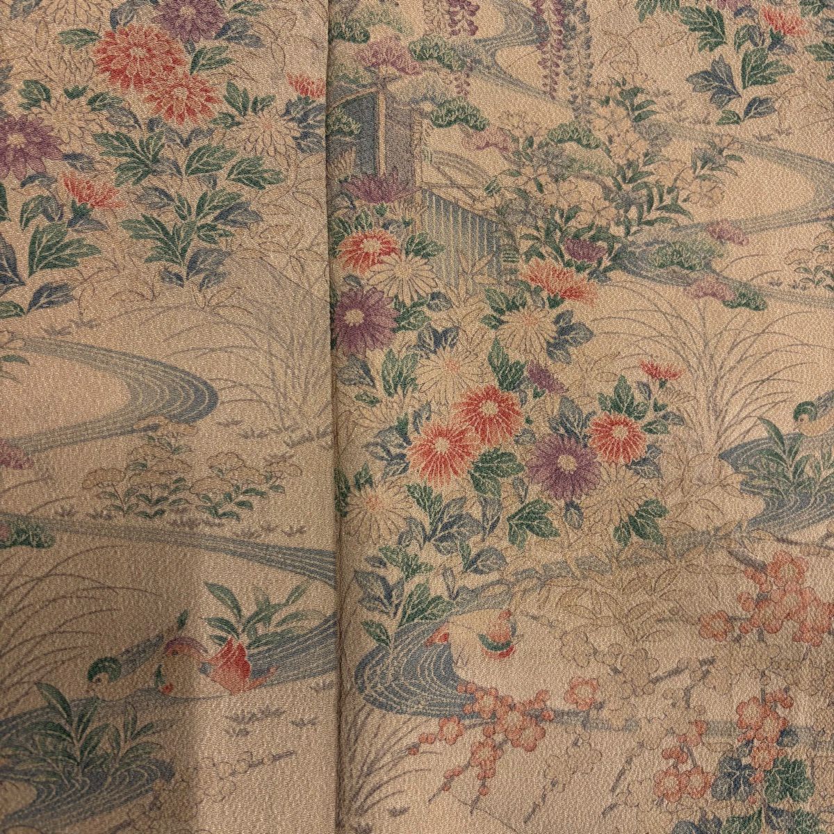 【美品】 小紋 身長154.5cm 袖長63cm S 雙層 草花紋紋 鴛鴦 絞染 薄茶 純蠶絲 優品級