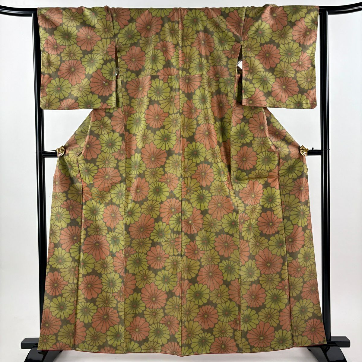 【美品】 紬織 身長162.5cm 袖長65cm M 雙層 菊花 黃綠 純蠶絲 優品級