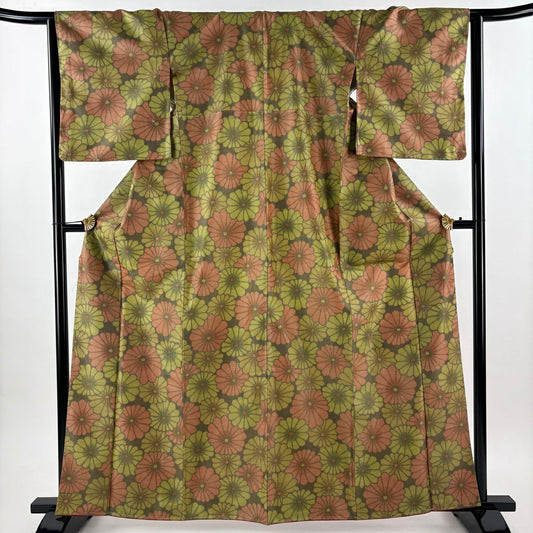 【美品】 紬織 身長162.5cm 袖長65cm M 雙層 菊花 黃綠 純蠶絲 優品級