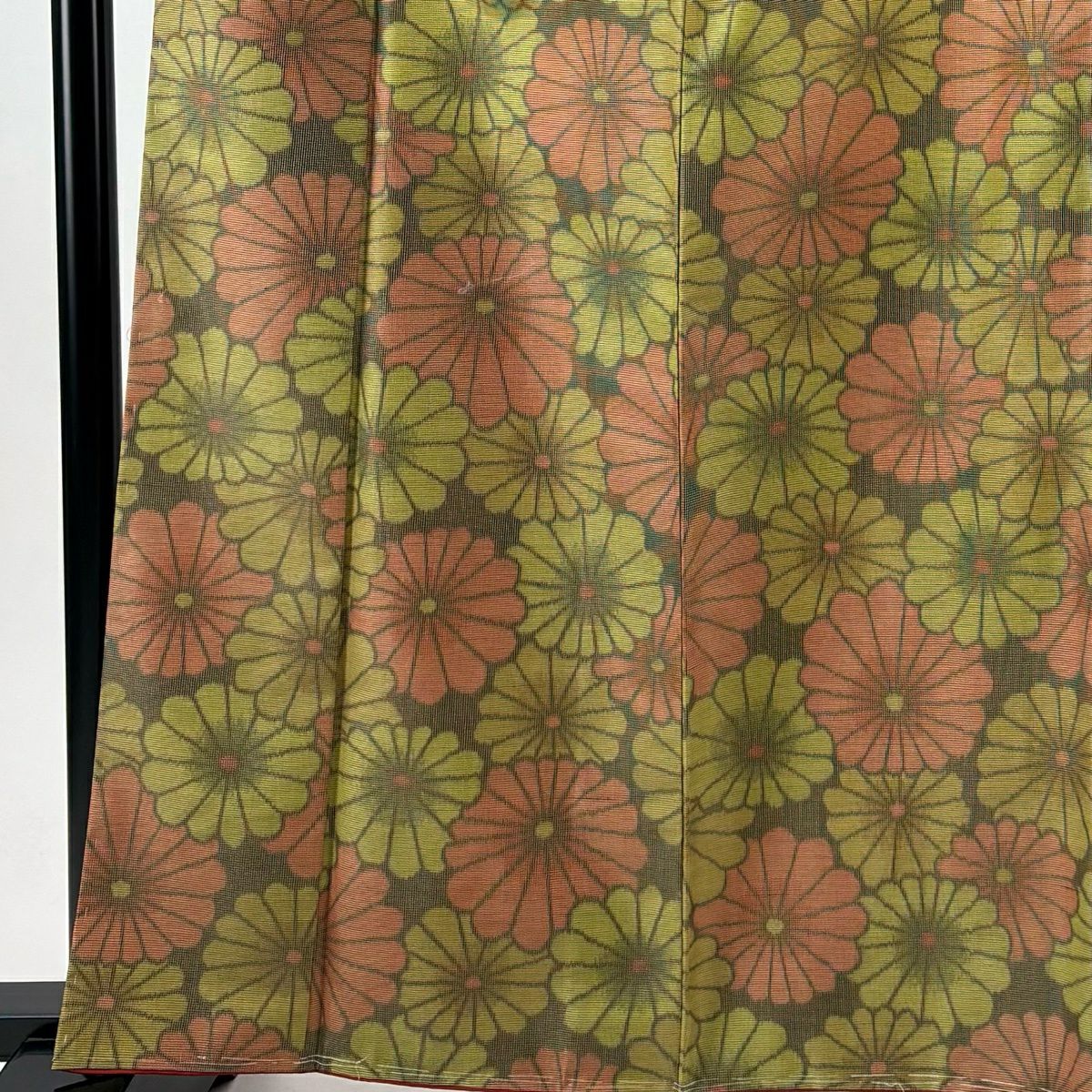 【美品】 紬織 身長162.5cm 袖長65cm M 雙層 菊花 黃綠 純蠶絲 優品級