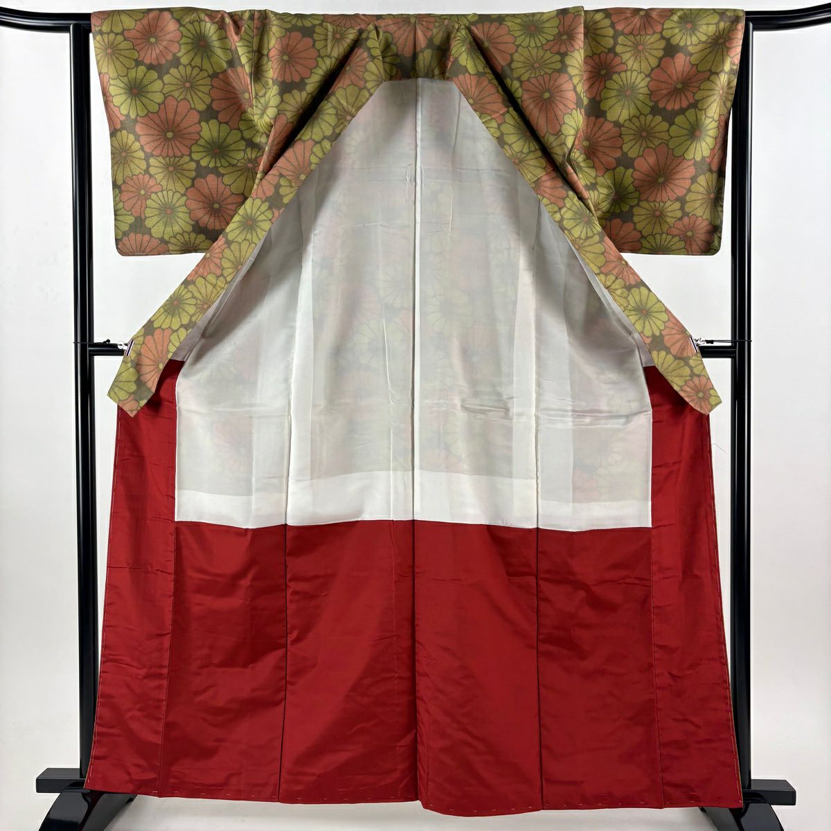 【美品】 紬織 身長162.5cm 袖長65cm M 雙層 菊花 黃綠 純蠶絲 優品級