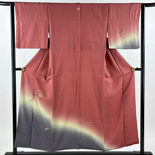 【美品】 付下 身長153cm 袖長63cm S 雙層 草花紋紋 裾暈染 金金箔 刺繡 粉紅 純蠶絲 優品級 一つ紋