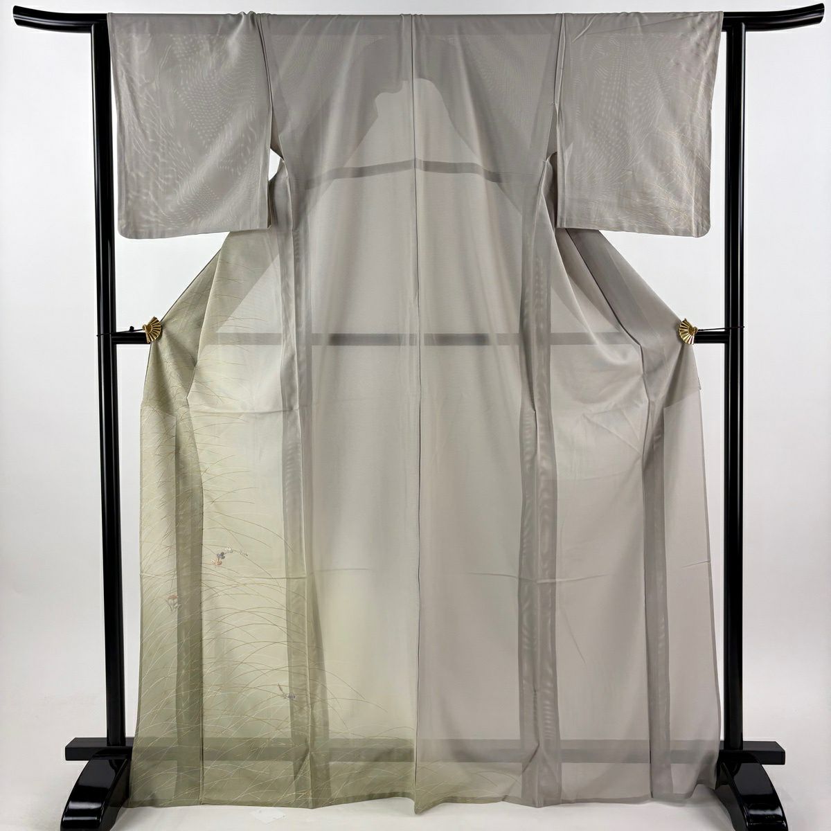 訪問服 身長170.5cm 袖長64cm M 薄物 絽 萩 芝 刺繡 金彩裝飾 灰 純蠶絲 優品級