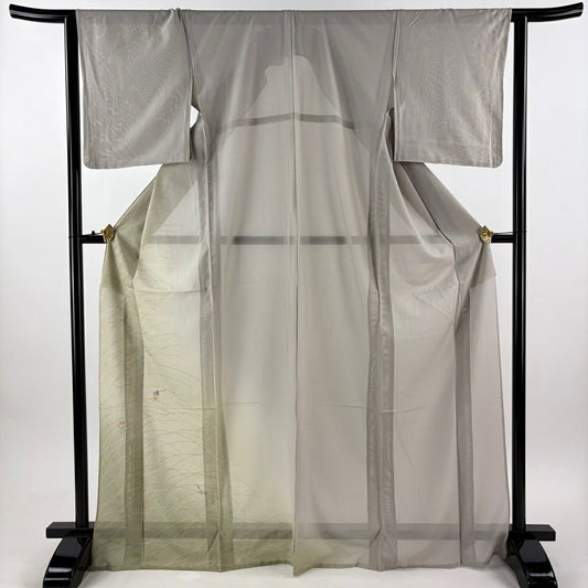 訪問服 身長170.5cm 袖長64cm M 薄物 絽 萩 芝 刺繡 金彩裝飾 灰 純蠶絲 優品級