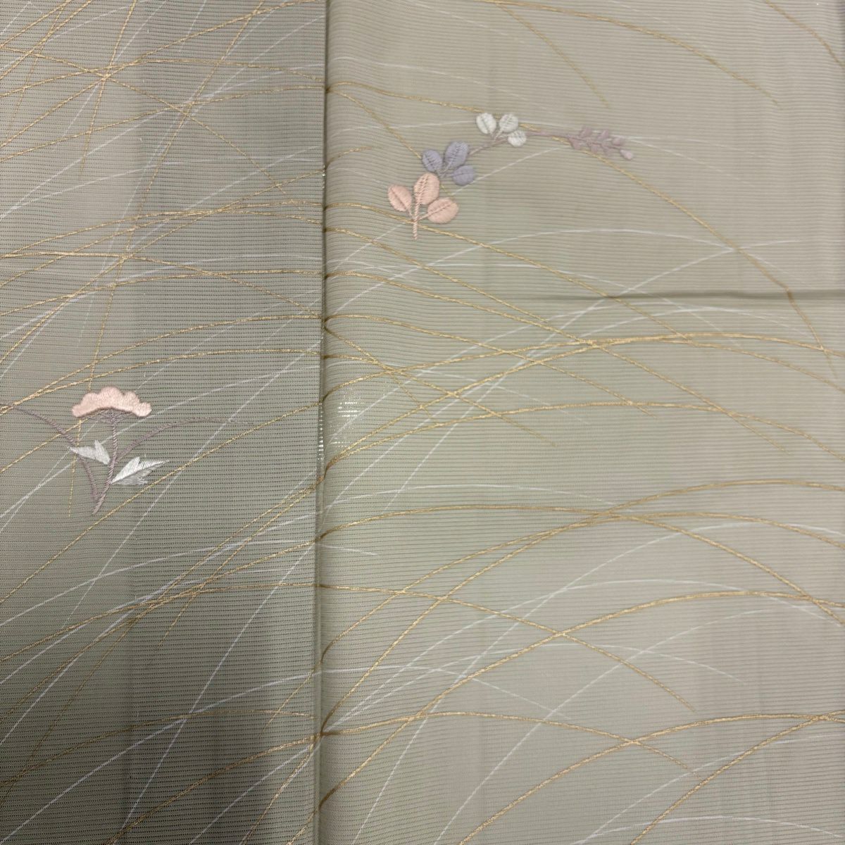 訪問服 身長170.5cm 袖長64cm M 薄物 絽 萩 芝 刺繡 金彩裝飾 灰 純蠶絲 優品級