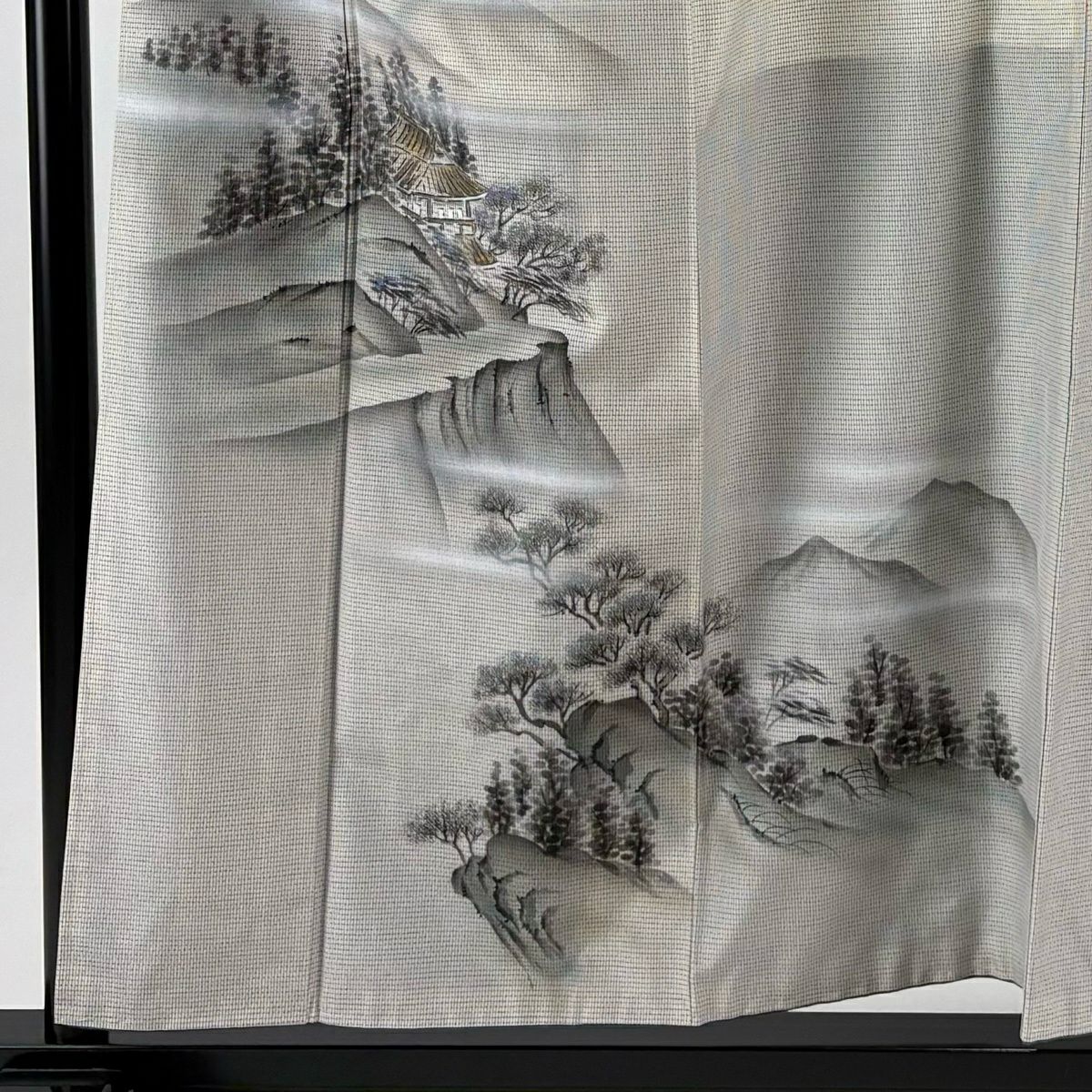 付下 身長157cm 袖長66.5cm M 雙層 紬織織 落款あり 建物 山並 銀銀彩 灰白 純蠶絲 優品級