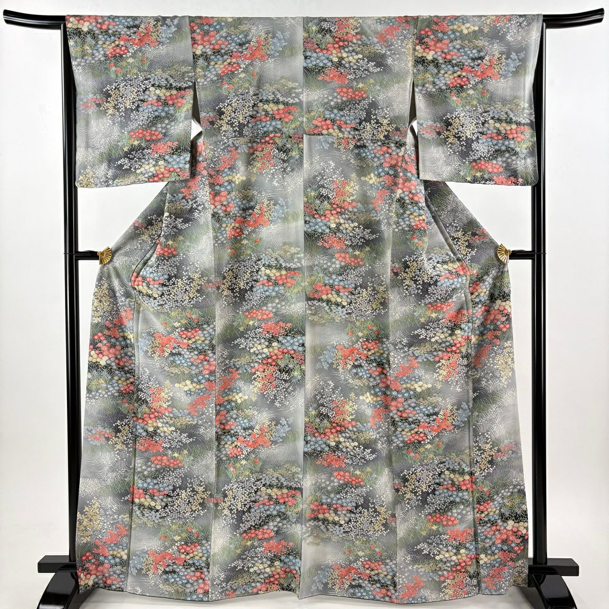 【美品】 小紋 身長166cm 袖長66cm M 雙層 草花紋紋 漸層 金彩裝飾 灰綠 純蠶絲 優品級