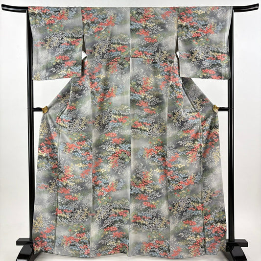 【美品】 小紋 身長166cm 袖長66cm M 雙層 草花紋紋 漸層 金彩裝飾 灰綠 純蠶絲 優品級