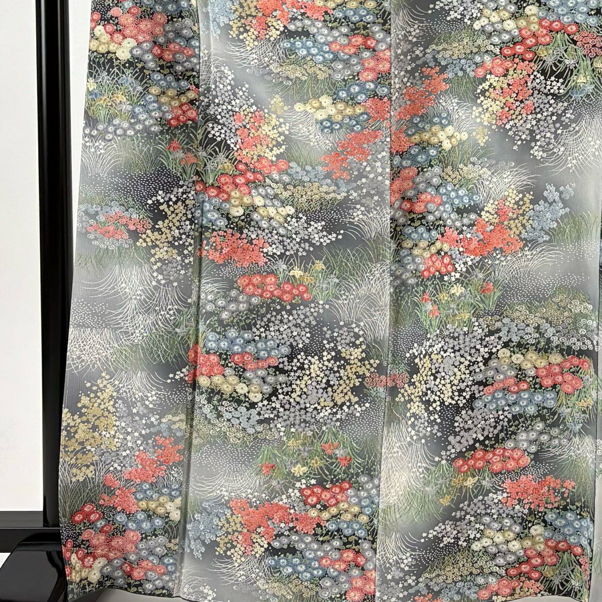 【美品】 小紋 身長166cm 袖長66cm M 雙層 草花紋紋 漸層 金彩裝飾 灰綠 純蠶絲 優品級