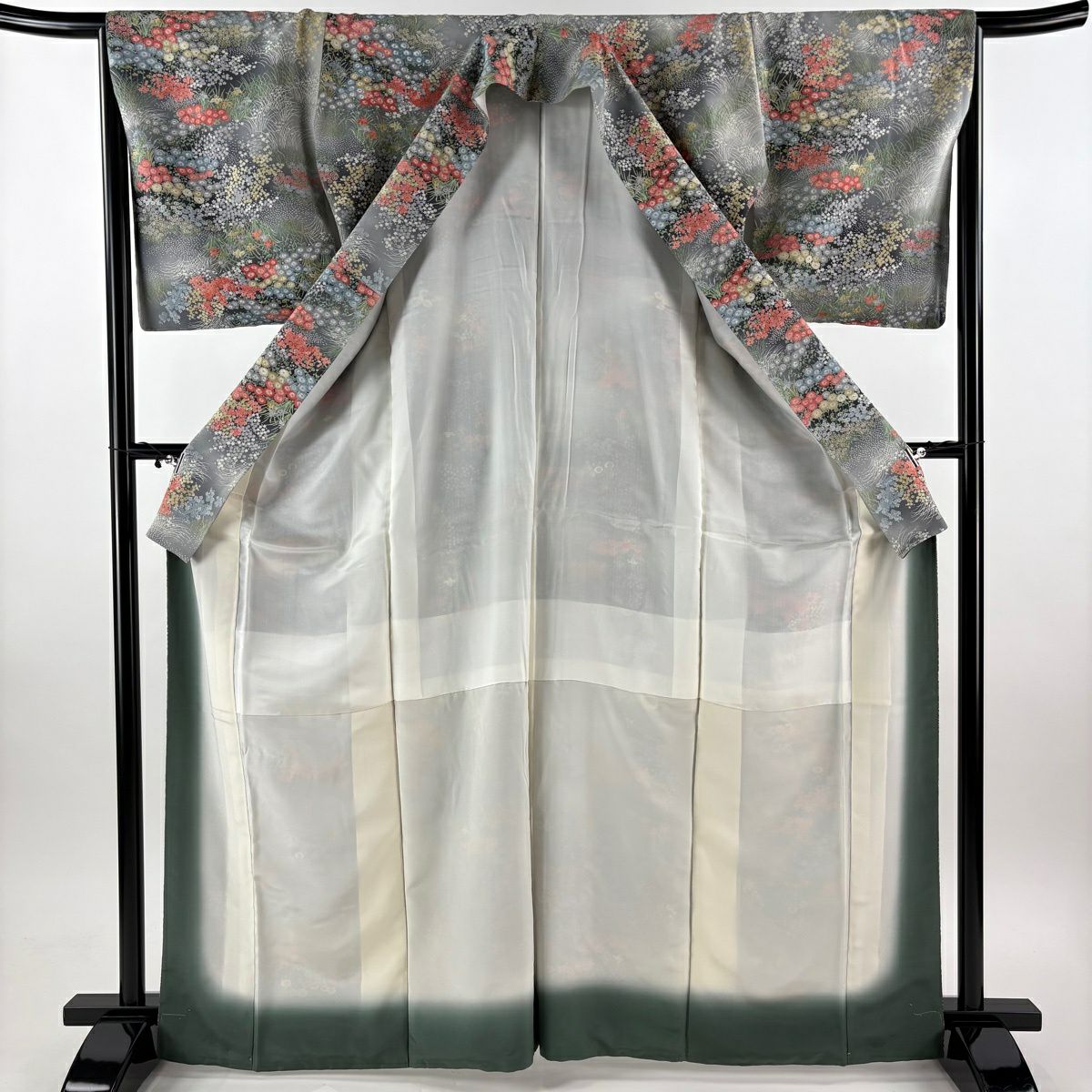 【美品】 小紋 身長166cm 袖長66cm M 雙層 草花紋紋 漸層 金彩裝飾 灰綠 純蠶絲 優品級