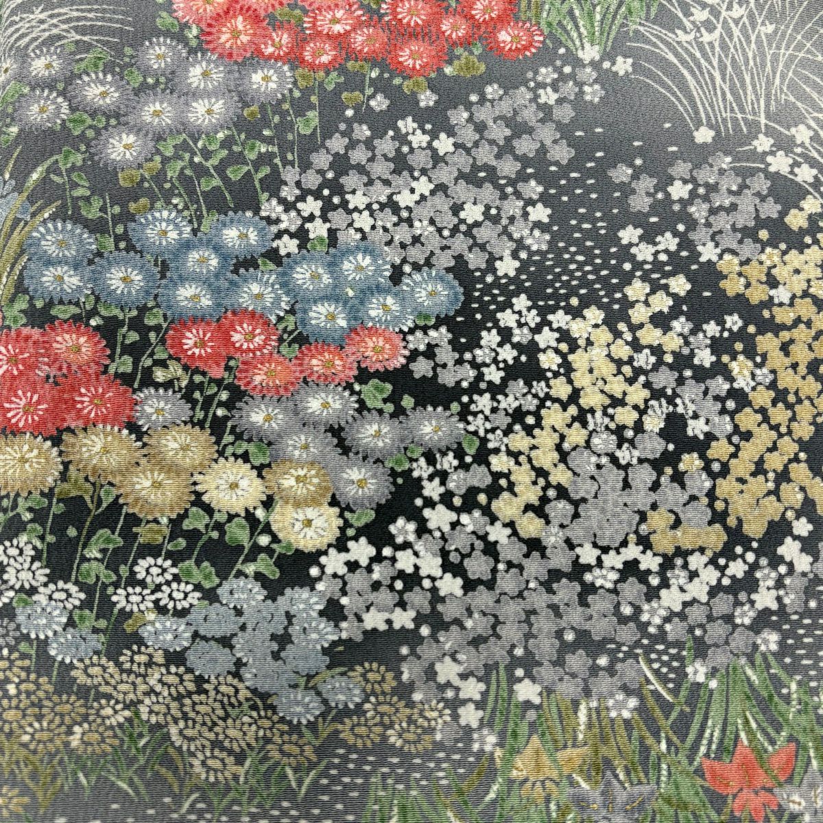 【美品】 小紋 身長166cm 袖長66cm M 雙層 草花紋紋 漸層 金彩裝飾 灰綠 純蠶絲 優品級
