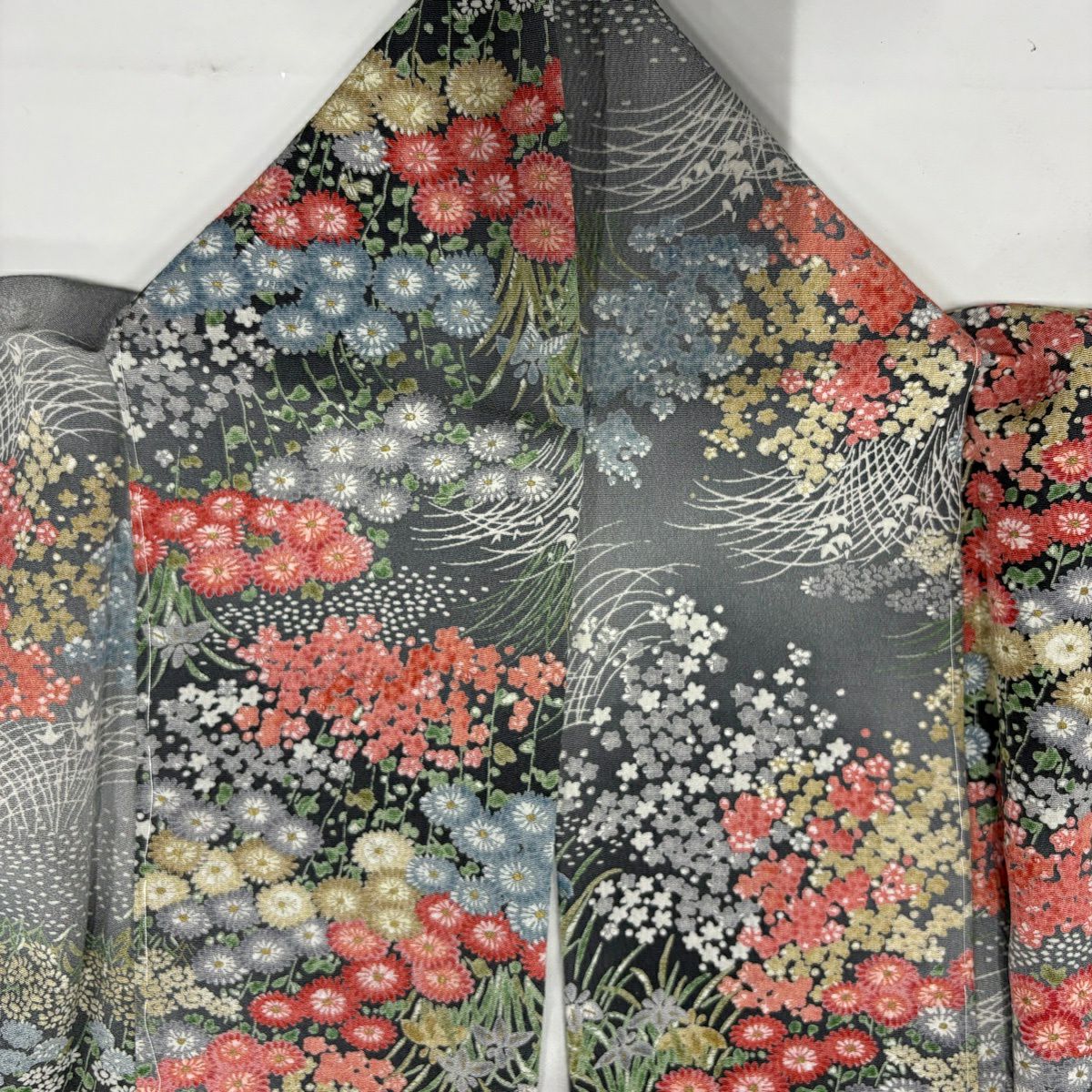 【美品】 小紋 身長166cm 袖長66cm M 雙層 草花紋紋 漸層 金彩裝飾 灰綠 純蠶絲 優品級