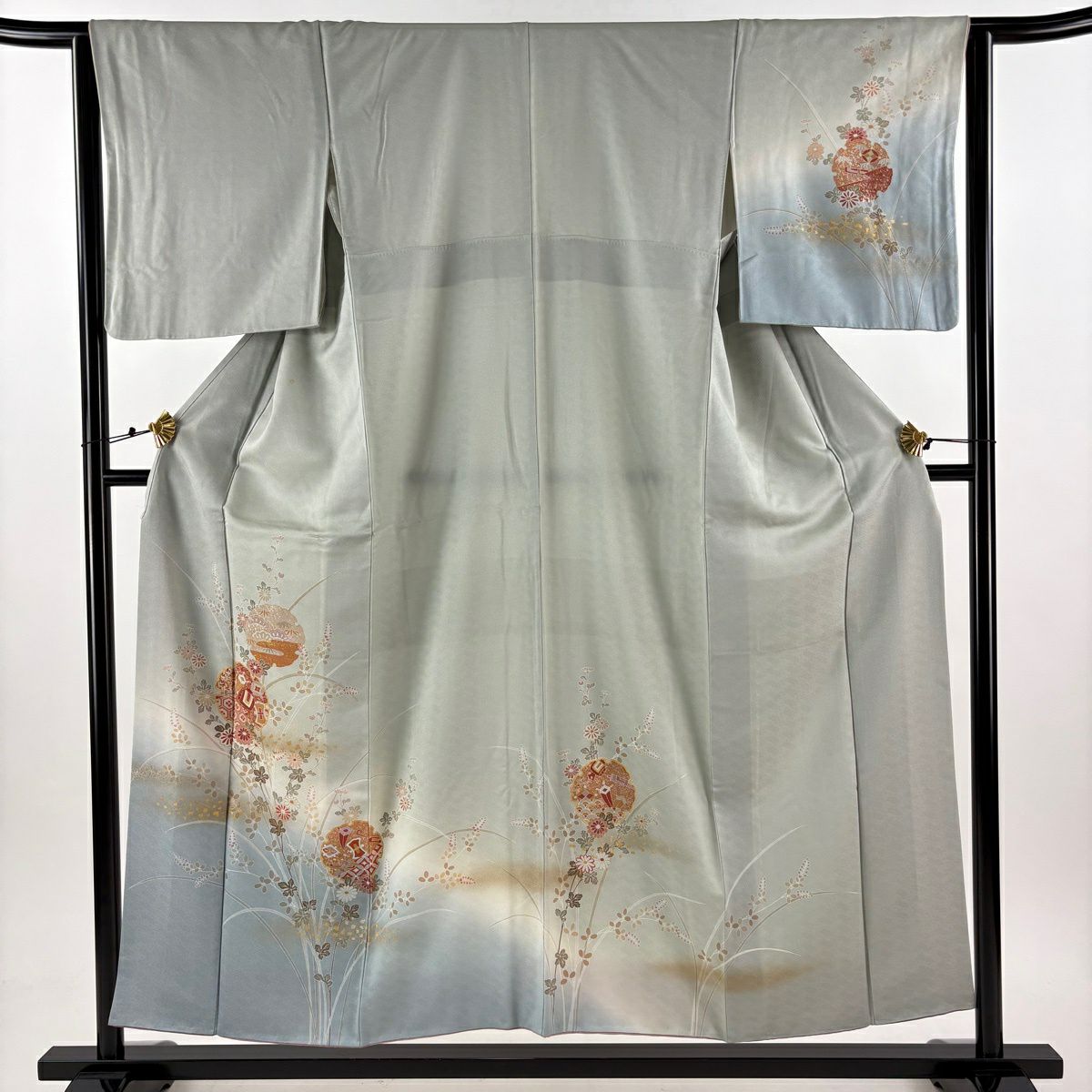 訪問服 身長154.5cm 袖長64cm M 雙層 雪輪 寶盡くし 金銀彩 漸層 灰綠 純蠶絲 優品級