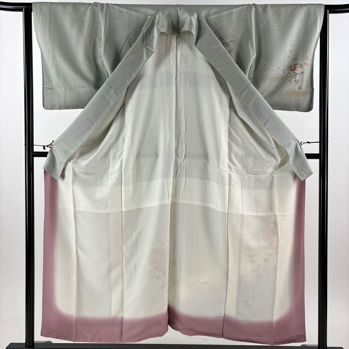 訪問服 身長154.5cm 袖長64cm M 雙層 雪輪 寶盡くし 金銀彩 漸層 灰綠 純蠶絲 優品級