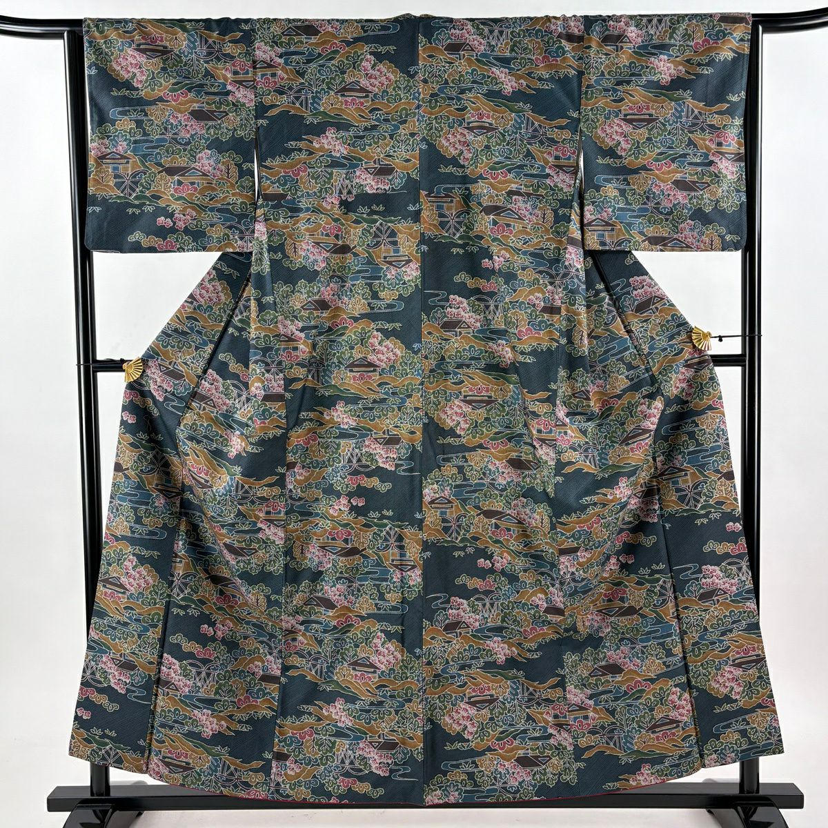 【美品】 紬織 身長157cm 袖長65cm M 雙層 建物 松樹竹子梅花 青綠 純蠶絲 優品級