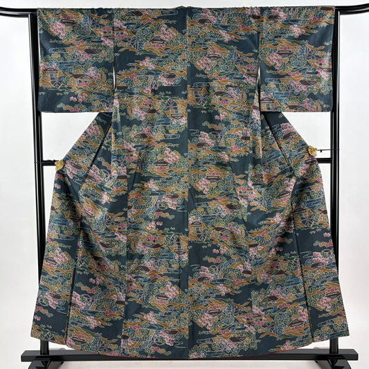 【美品】 紬織 身長157cm 袖長65cm M 雙層 建物 松樹竹子梅花 青綠 純蠶絲 優品級