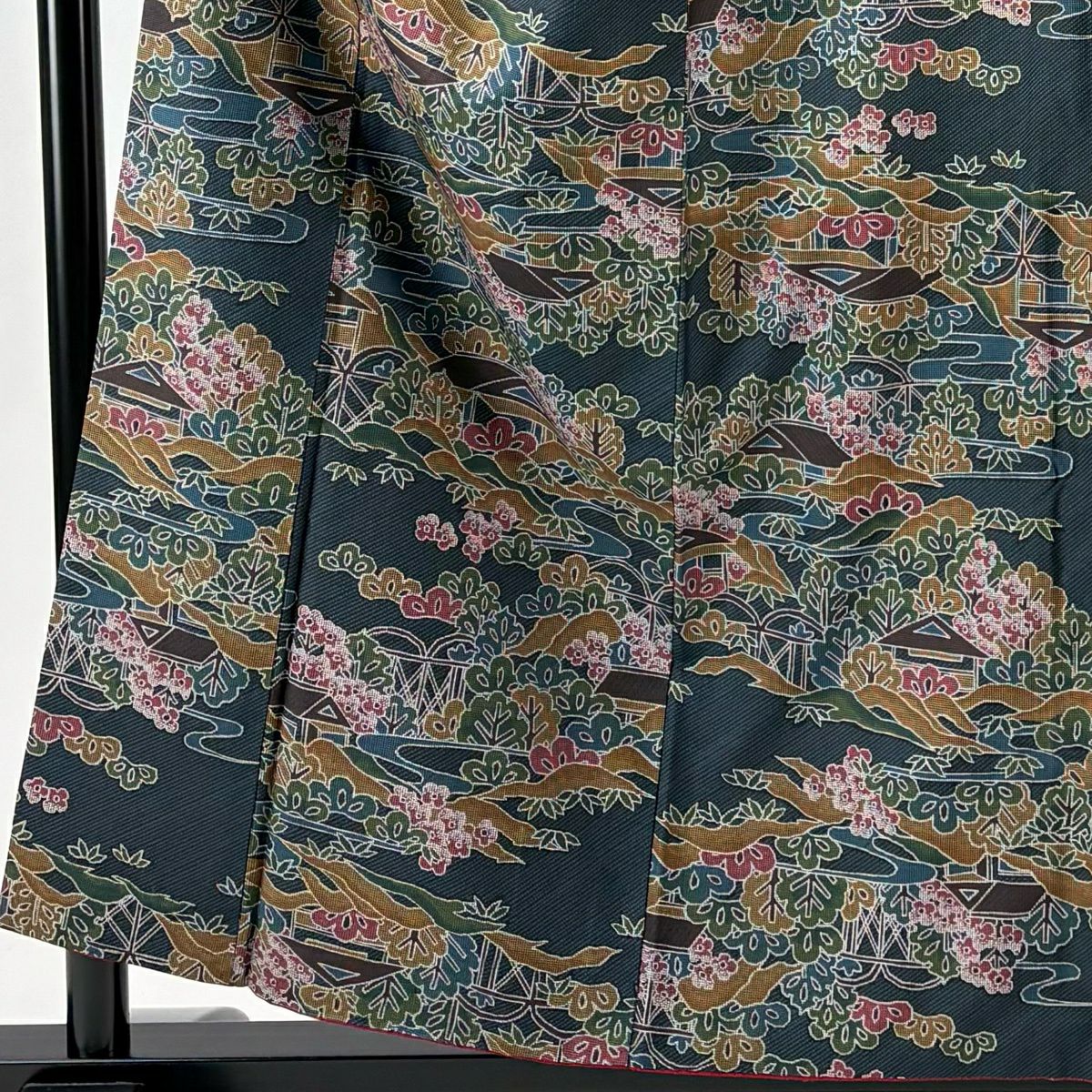 【美品】 紬織 身長157cm 袖長65cm M 雙層 建物 松樹竹子梅花 青綠 純蠶絲 優品級