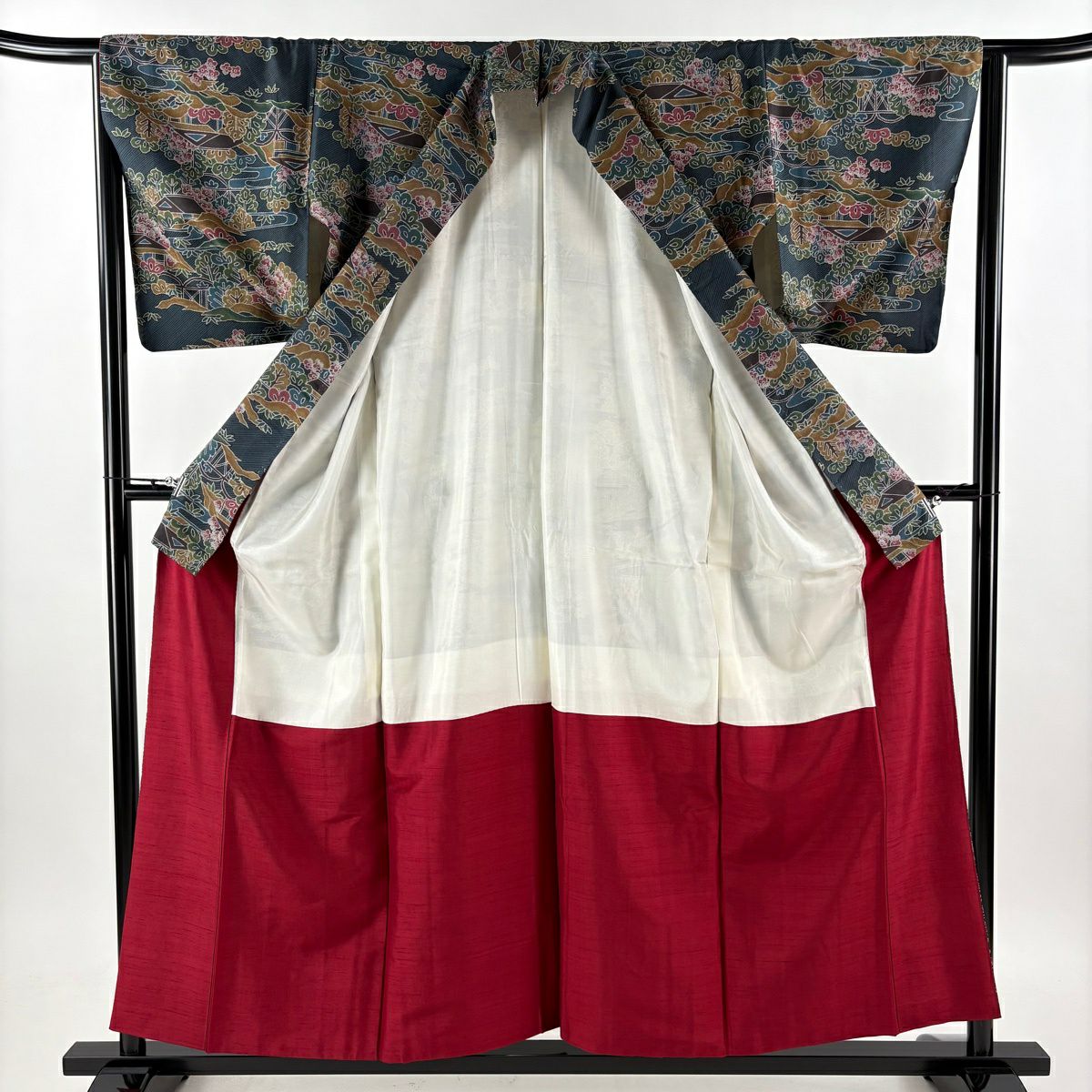 【美品】 紬織 身長157cm 袖長65cm M 雙層 建物 松樹竹子梅花 青綠 純蠶絲 優品級