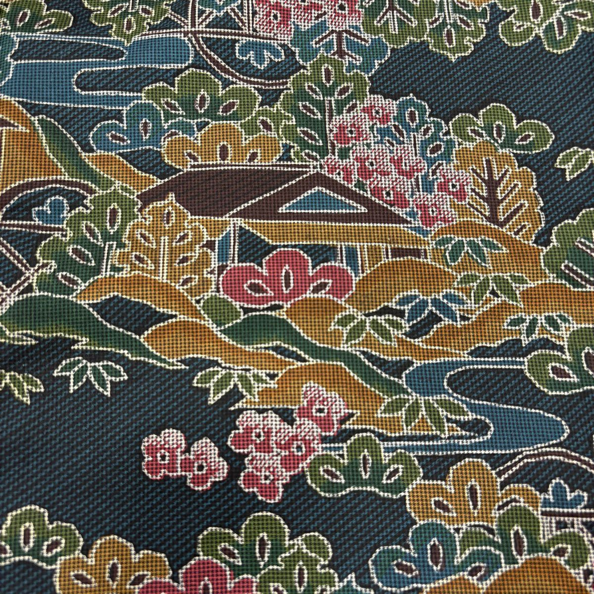 【美品】 紬織 身長157cm 袖長65cm M 雙層 建物 松樹竹子梅花 青綠 純蠶絲 優品級
