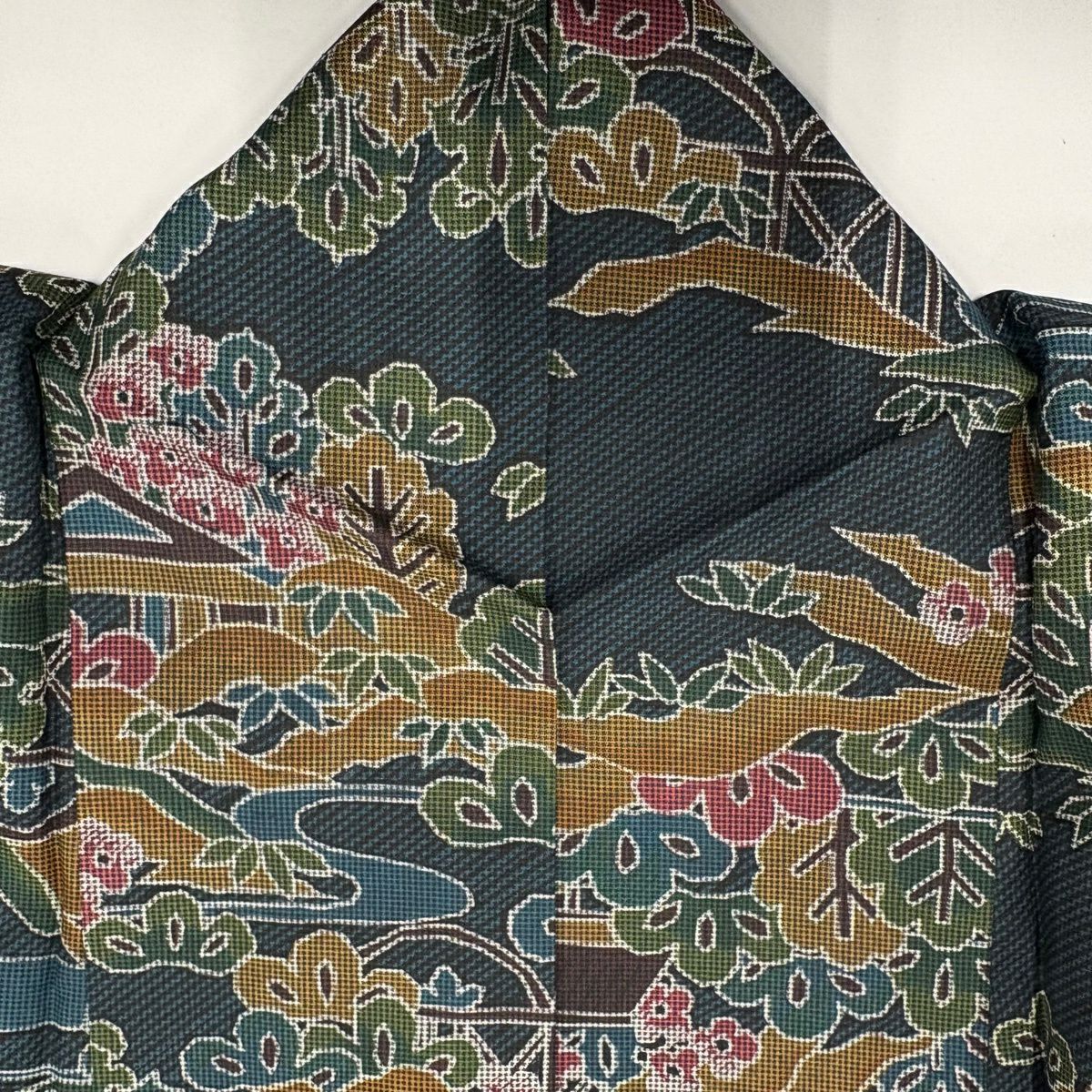 【美品】 紬織 身長157cm 袖長65cm M 雙層 建物 松樹竹子梅花 青綠 純蠶絲 優品級