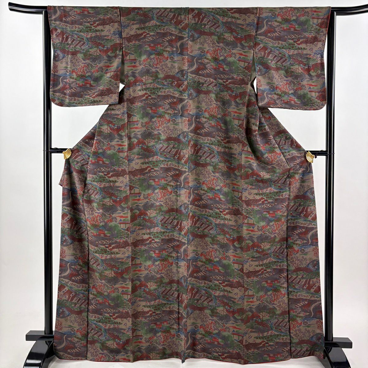 小紋 身長167.5cm 袖長64cm M 雙層 建物 樹木 紅紫 純蠶絲 優品級