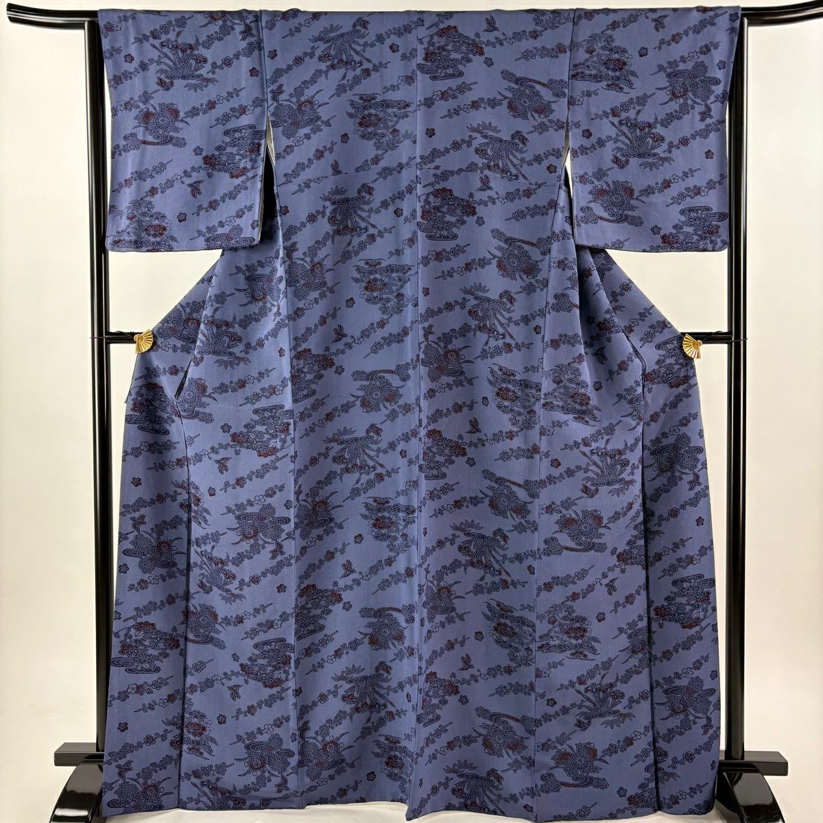 小紋 身長167cm 袖長65.5cm M 雙層 枝梅花 流水 絞染 深藍 純蠶絲 優品級