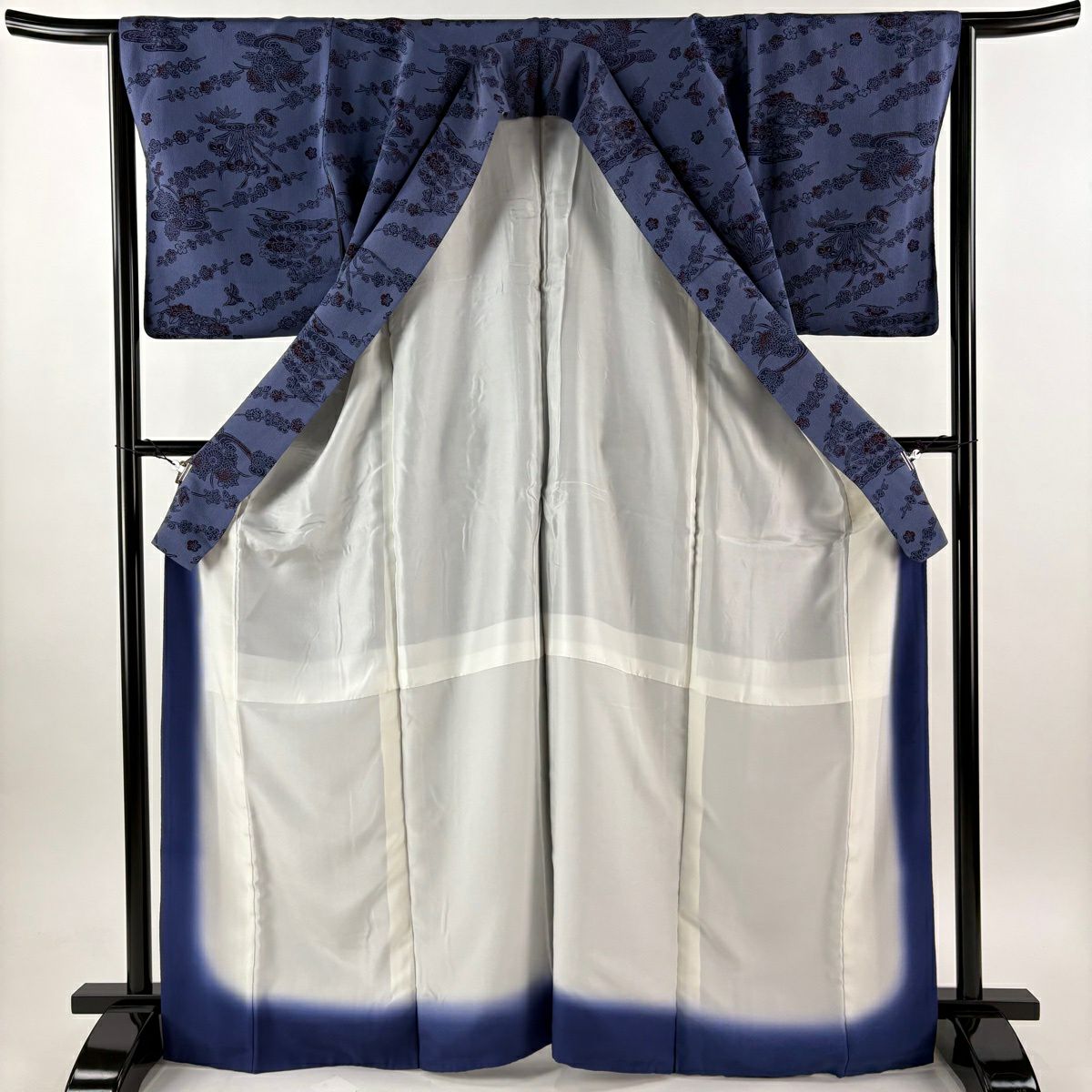 小紋 身長167cm 袖長65.5cm M 雙層 枝梅花 流水 絞染 深藍 純蠶絲 優品級