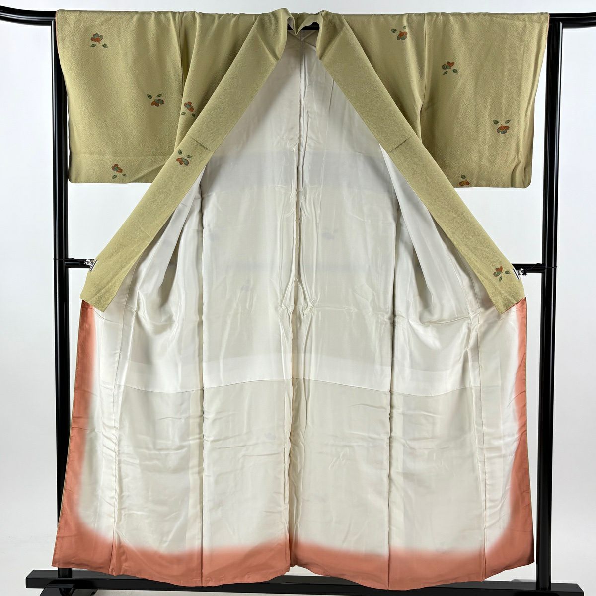 小紋 身長154cm 袖長64.5cm M 雙層 草花紋紋 金彩裝飾 芥末色 純蠶絲 優品級