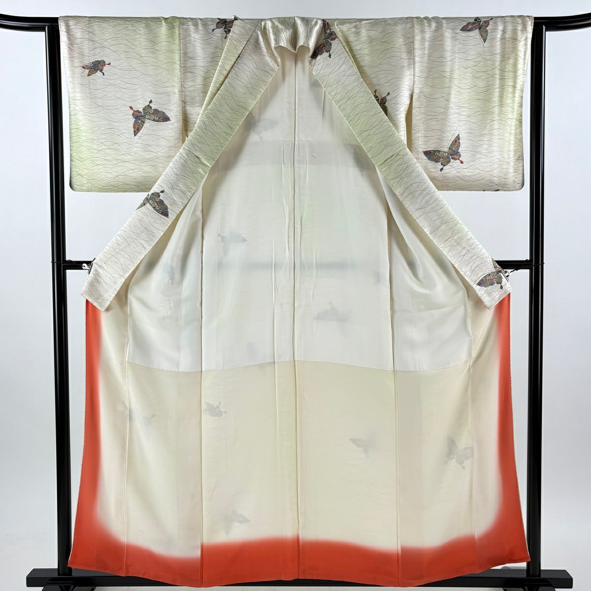 小紋 身長157cm 袖長64cm M 雙層 蝶 芝 漸層 奶油色 純蠶絲 優品級