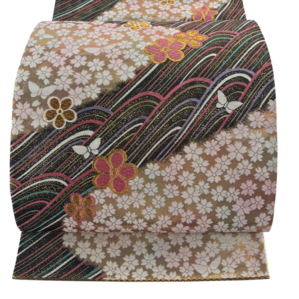 【美品】 袋帶 優品級 振袖禮服禮服用 關西仕立 紅梅花 波紋 唐織 金銀彩 金色 六通 純蠶絲