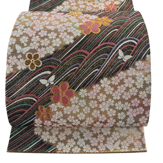 【美品】 袋帶 優品級 振袖禮服禮服用 關西仕立 紅梅花 波紋 唐織 金銀彩 金色 六通 純蠶絲