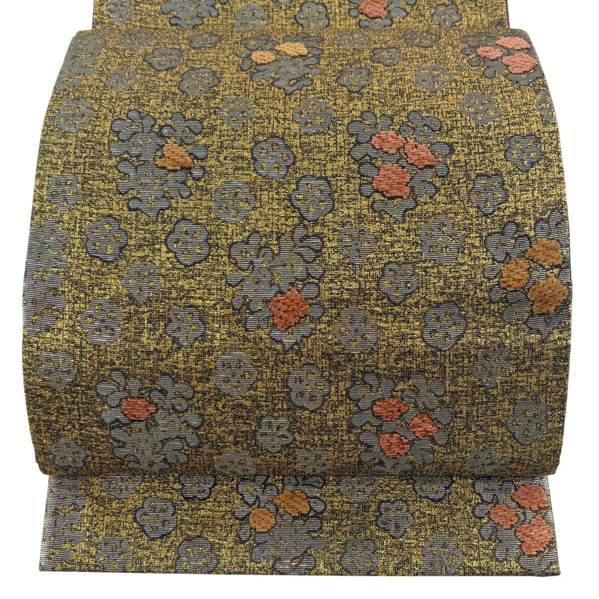【美品】 袋帶 秀品級 草花紋紋 梅花 金絲 金金箔 金 六通 純蠶絲