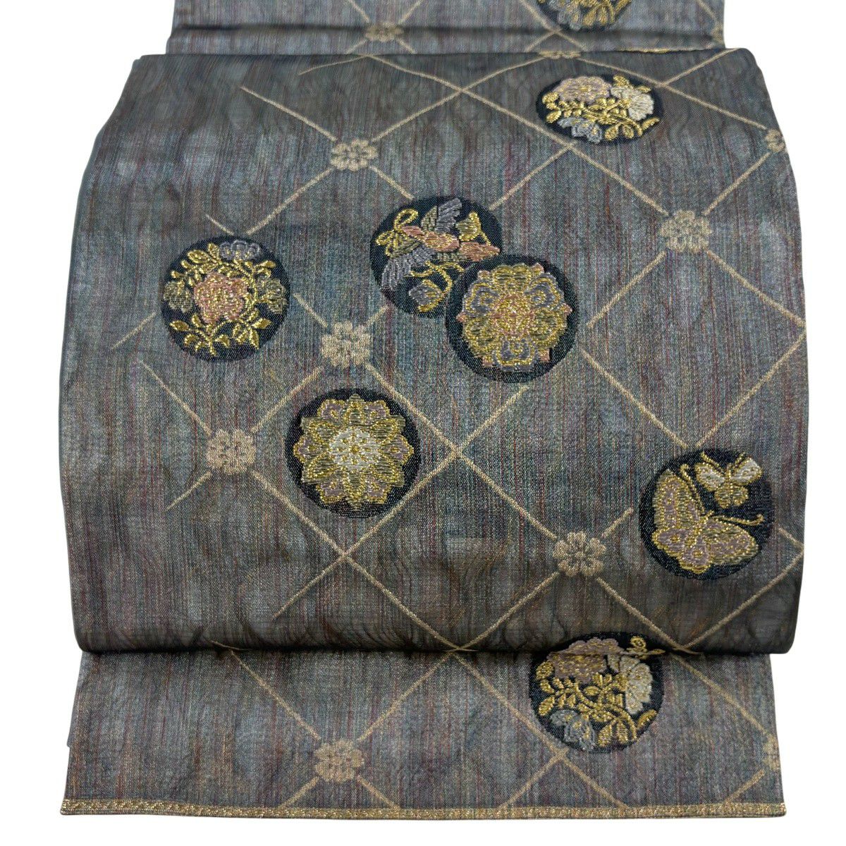【美品】 袋帶 秀品級 正倉院名物裂 花鳥 斜格 金銀線 金金箔 灰色 六通 純蠶絲