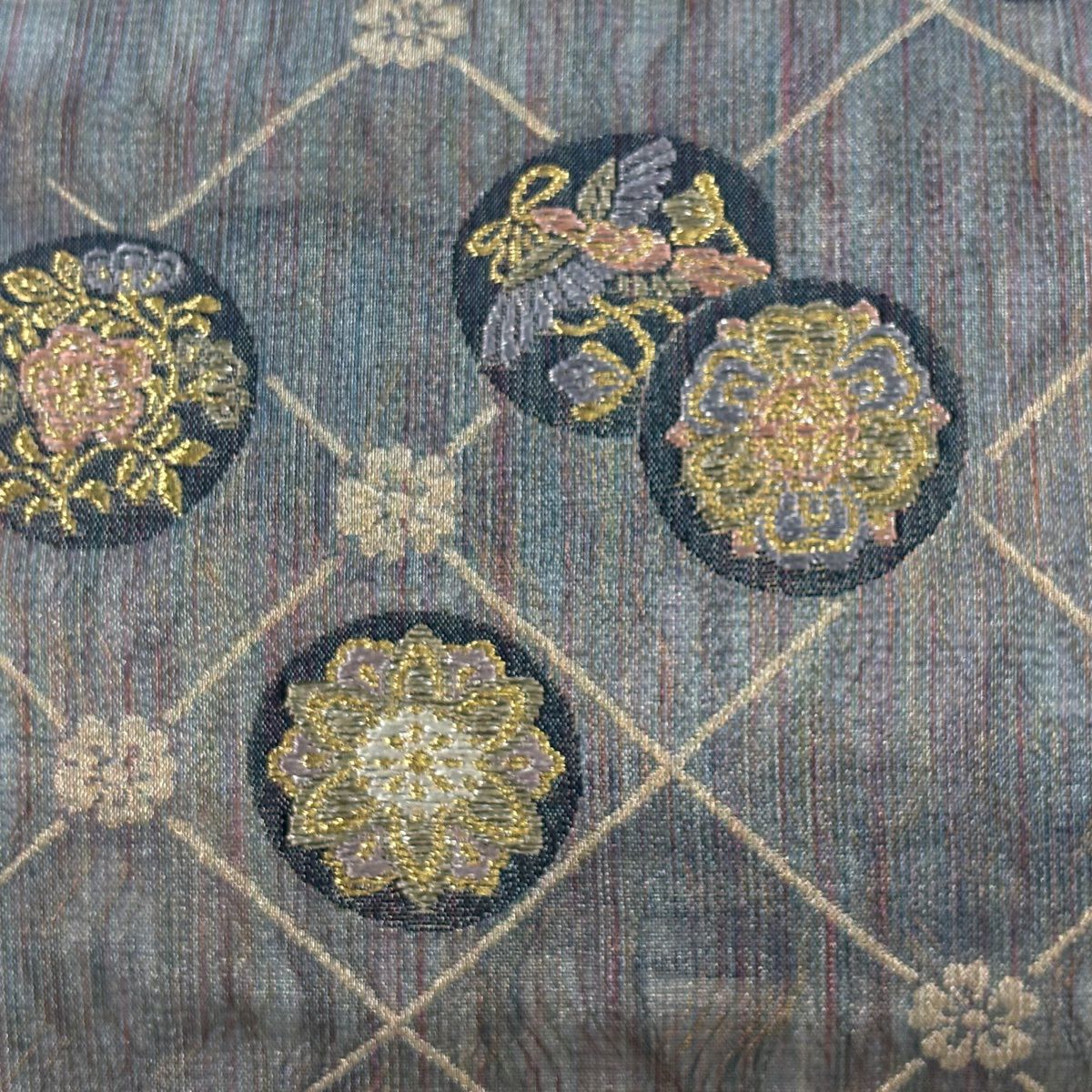 【美品】 袋帶 秀品級 正倉院名物裂 花鳥 斜格 金銀線 金金箔 灰色 六通 純蠶絲
