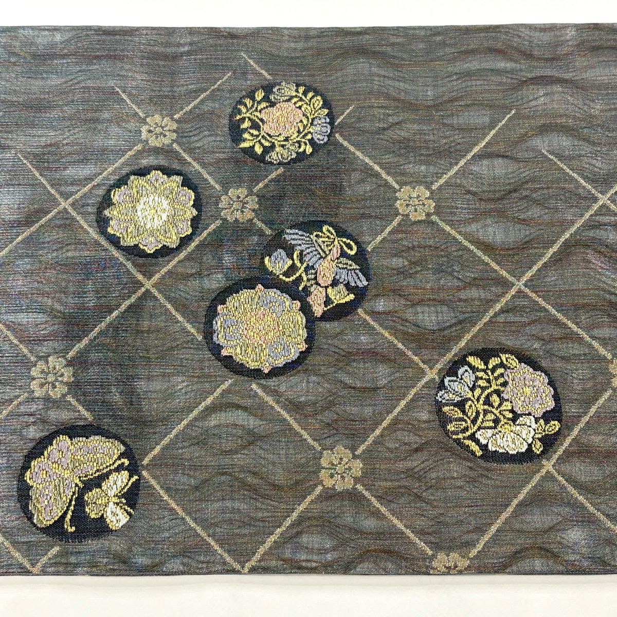 【美品】 袋帶 秀品級 正倉院名物裂 花鳥 斜格 金銀線 金金箔 灰色 六通 純蠶絲