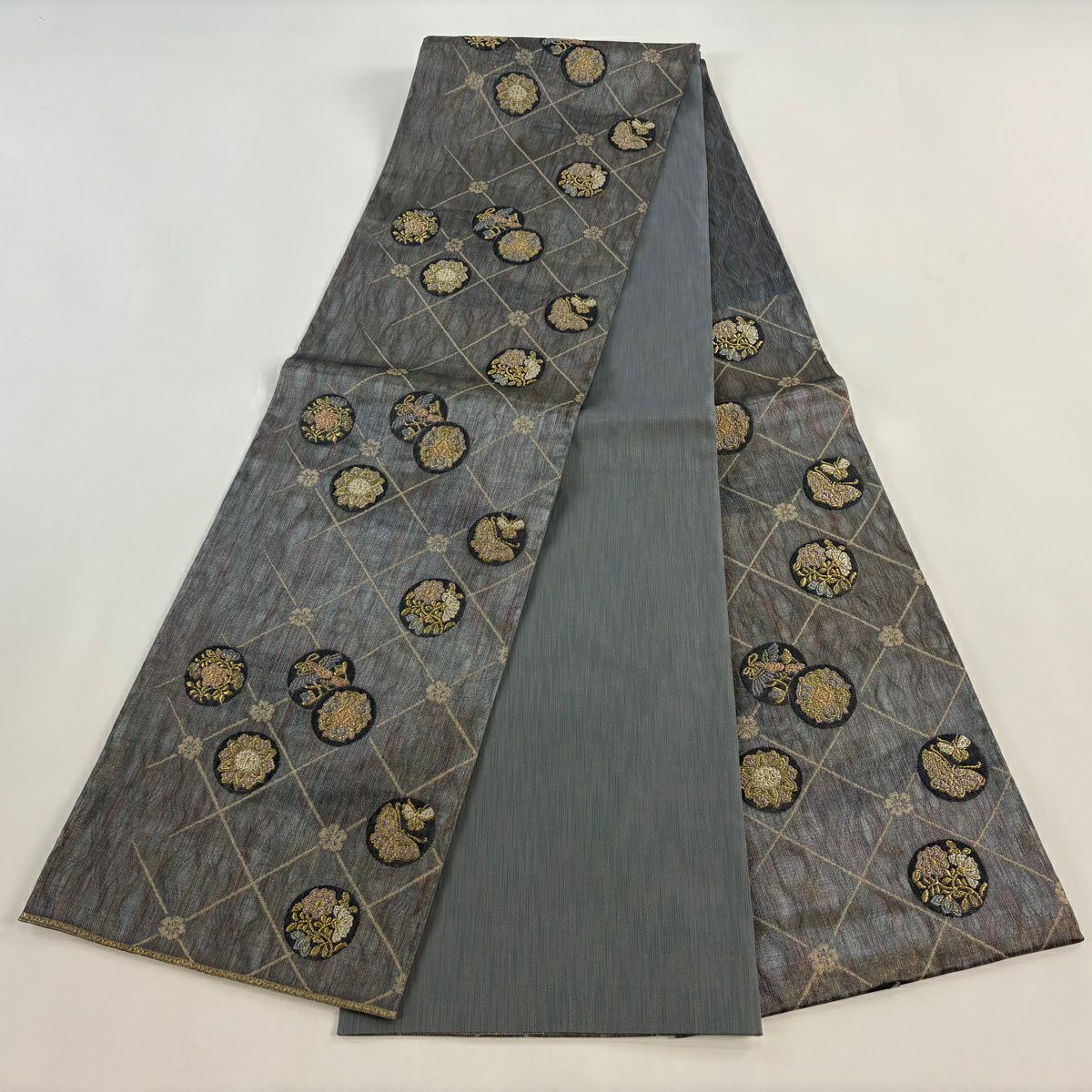 【美品】 袋帶 秀品級 正倉院名物裂 花鳥 斜格 金銀線 金金箔 灰色 六通 純蠶絲