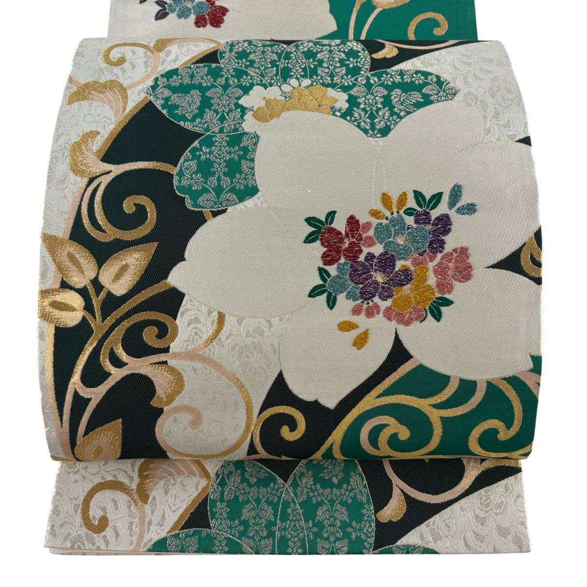 【美品】 袋帶 秀品級 振袖禮服禮服用 草花紋 花唐草紋 金銀彩 金金箔 綠 六通 純蠶絲