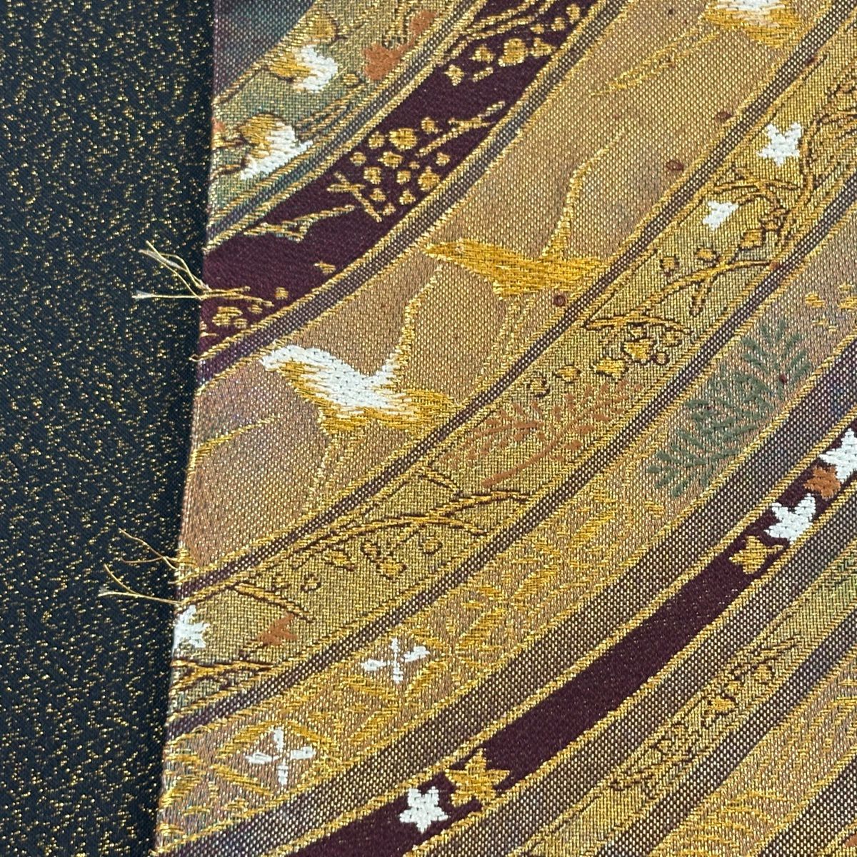 袋帶 秀品級 仙鶴 草花紋 金糸 金金箔 金色 六通 純蠶絲