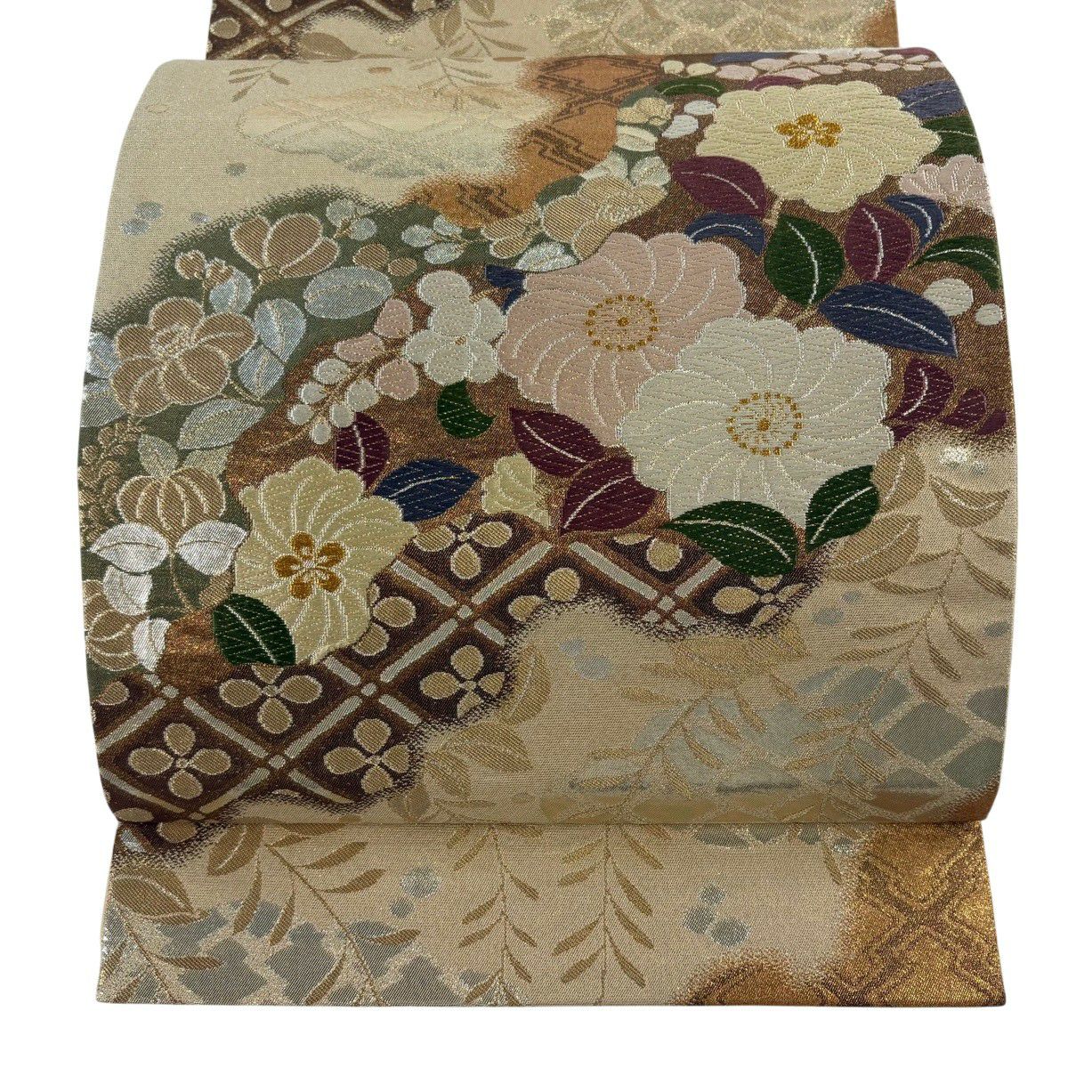 【美品】 袋帶 秀品級 辻花染圖案 道長取 唐織 金線 奶油色 六通 純蠶絲