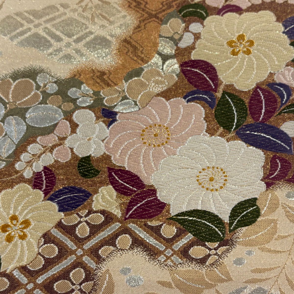 【美品】 袋帶 秀品級 辻花染圖案 道長取 唐織 金線 奶油色 六通 純蠶絲