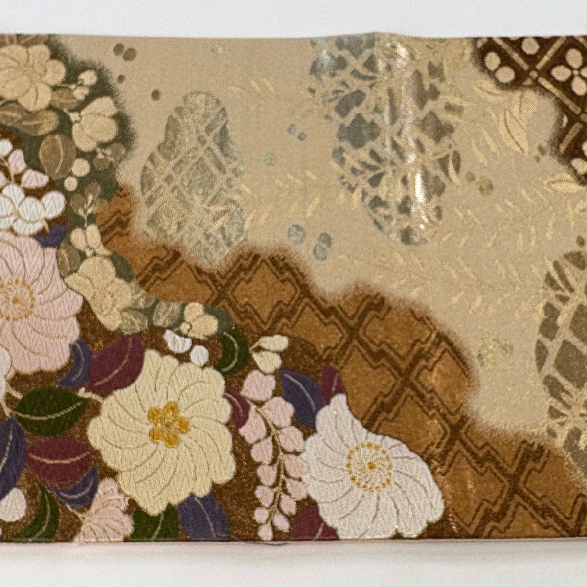 【美品】 袋帶 秀品級 辻花染圖案 道長取 唐織 金線 奶油色 六通 純蠶絲