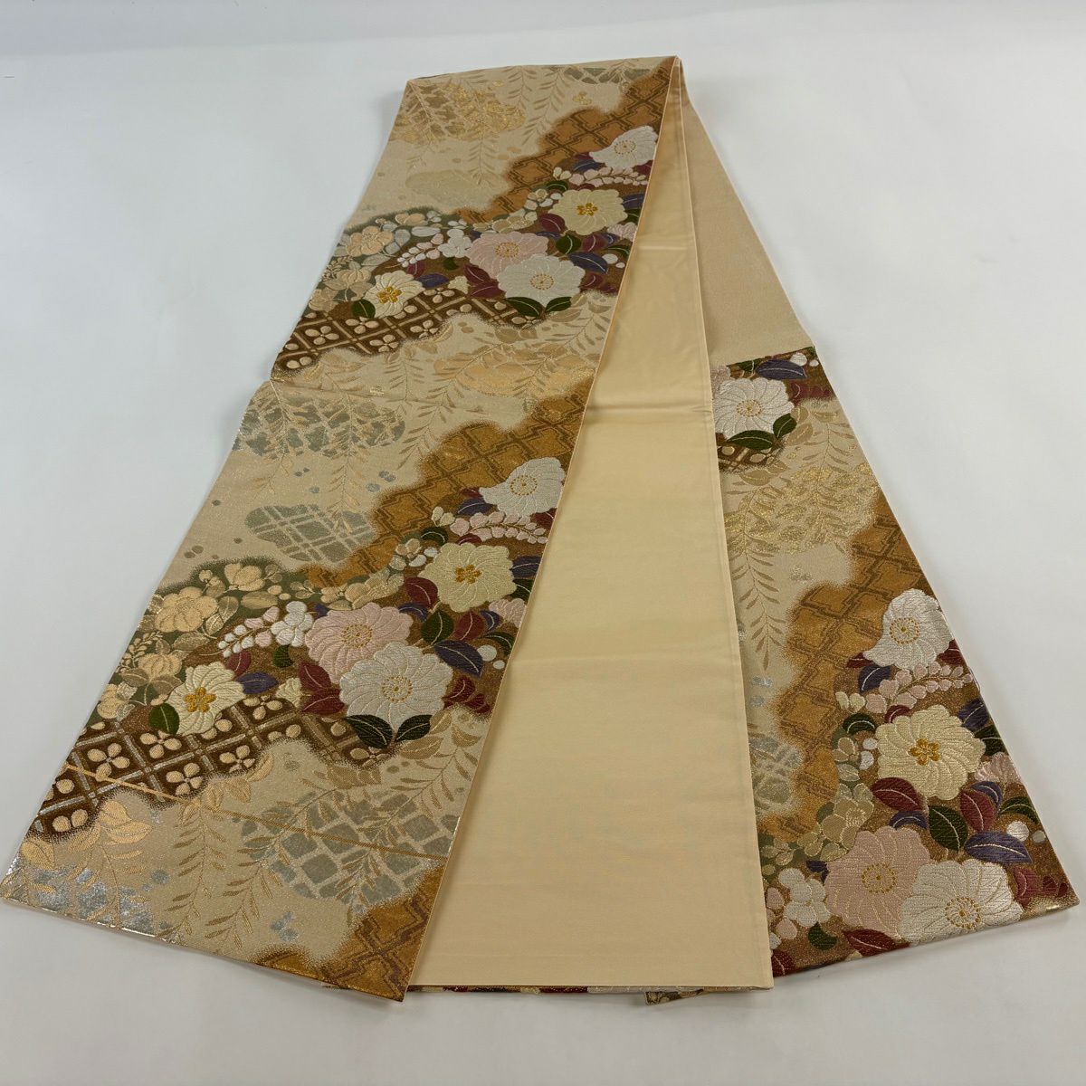 【美品】 袋帶 秀品級 辻花染圖案 道長取 唐織 金線 奶油色 六通 純蠶絲