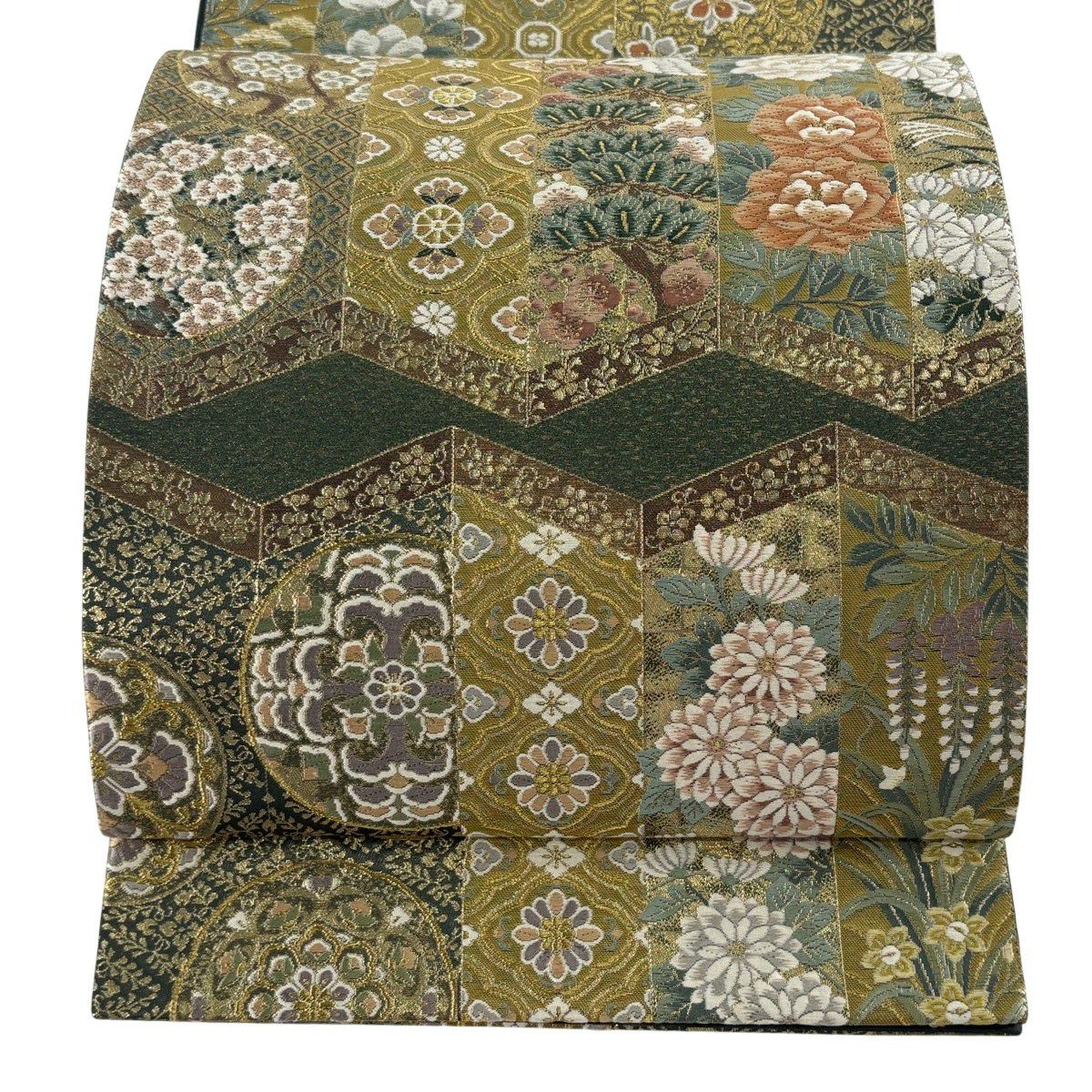 【美品】 袋帶 秀品級 障壁草花紋屏風圖 華紋 花鳥 唐織 金絲 深綠 六通 純蠶絲