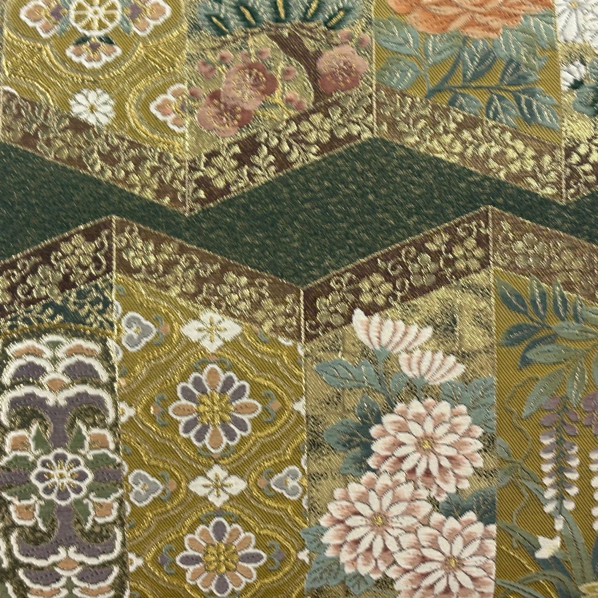 【美品】 袋帶 秀品級 障壁草花紋屏風圖 華紋 花鳥 唐織 金絲 深綠 六通 純蠶絲