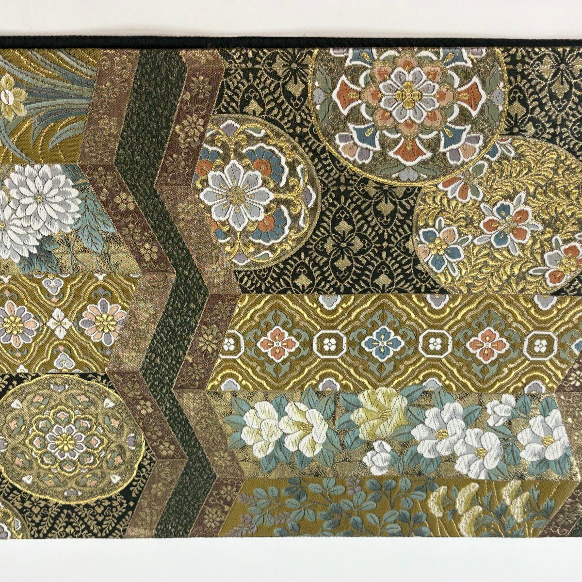 【美品】 袋帶 秀品級 障壁草花紋屏風圖 華紋 花鳥 唐織 金絲 深綠 六通 純蠶絲