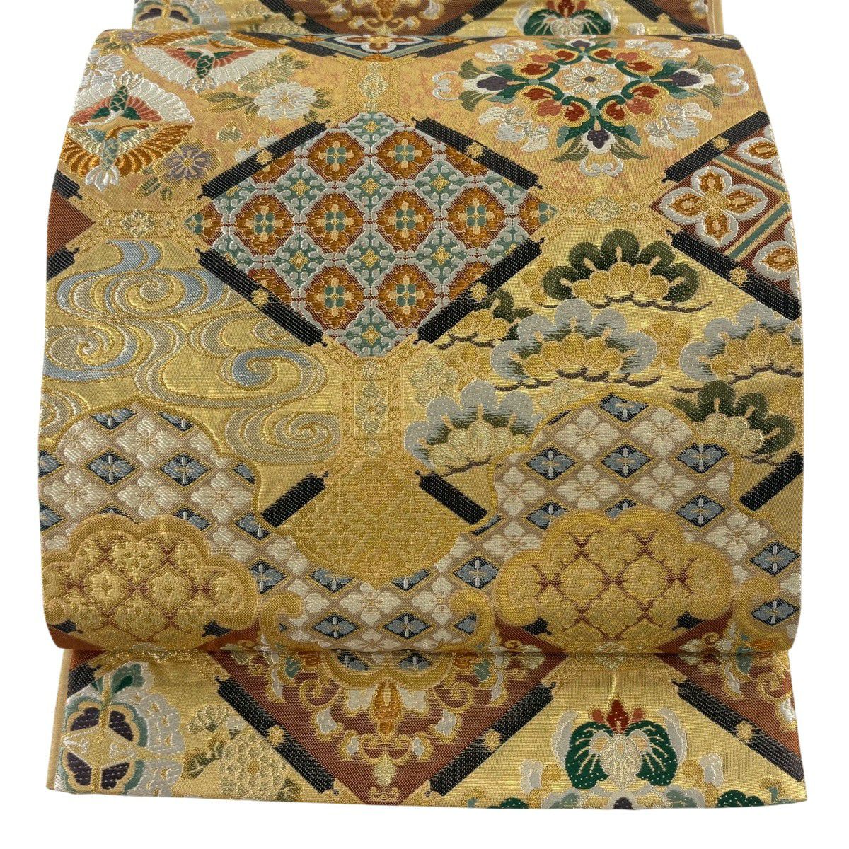 【美品】 袋帶 秀品級 天井畫蜀甲紋 花鳥 華紋 金銀絲 本金金箔 金色 六通 純蠶絲